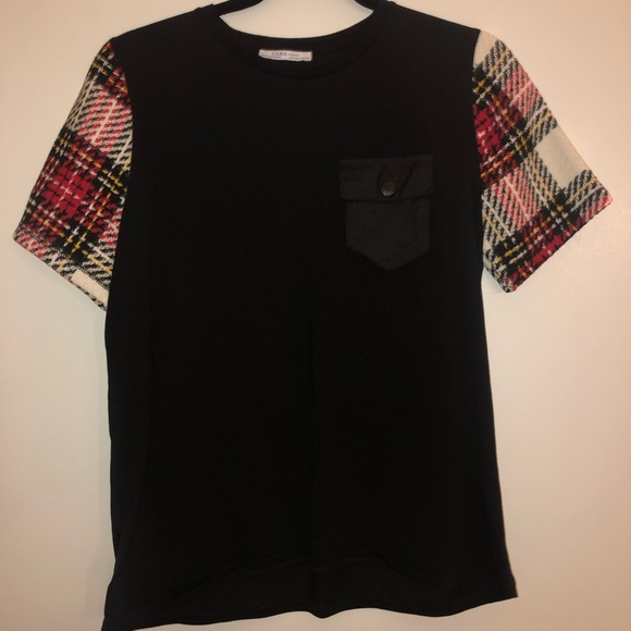 Zara Tops - Zara t-shirt with plaid sleeves Zara Tops - Zara t-shirt with plaid sleeves